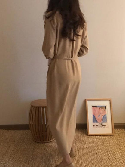 SIMPLE LAPEL SPLIT-SIDE LONG SLEEVES LONG DRESS