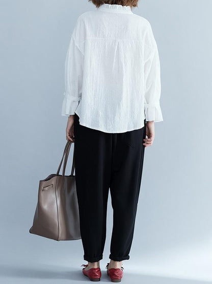 Jacquard Falbala Puff Sleeves Blouse