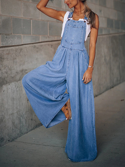 Casual Denim Blue Wide Leg Overalls