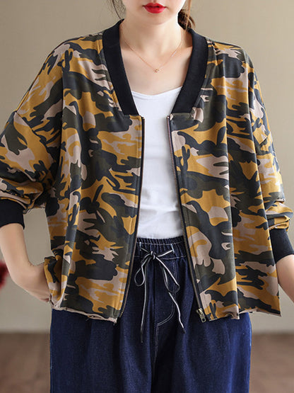 Casual Zipper V-Neck Camouflage Printed Long Sleeves Outerwear
