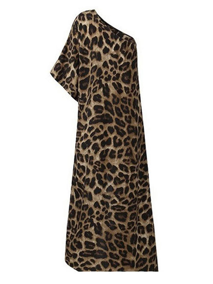 Stylish Leopard Printed Asymmetric One-Shoulder Loose T-Shirt Tops