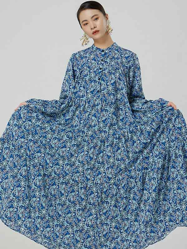 Original Buttoned Floral Printed Stand Collar Long Sleeves Loose Midi Dress
