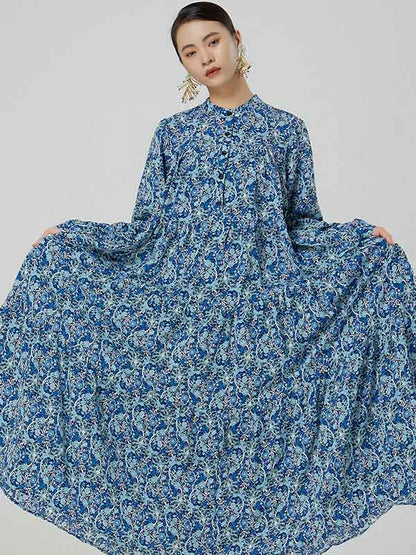 Original Buttoned Floral Printed Stand Collar Long Sleeves Loose Midi Dress