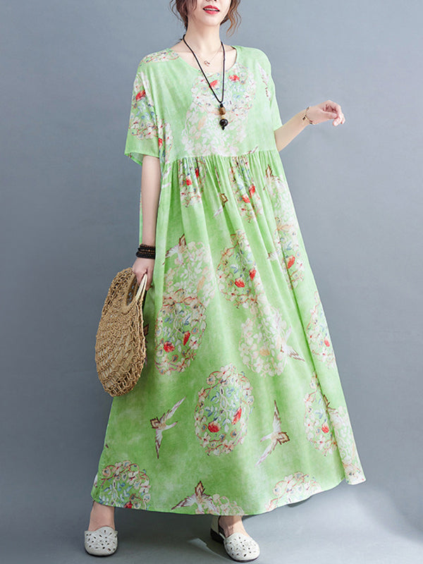 Loose Artistic Loose Floral Printed Pleated Midi Dress