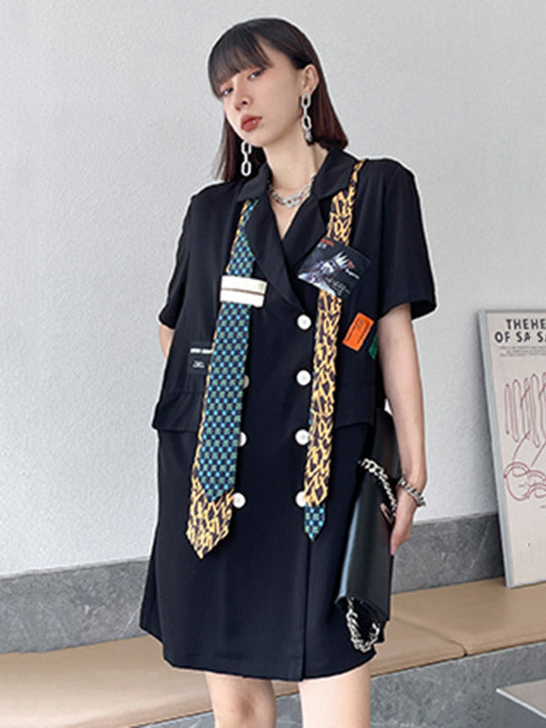 Stylish Buttoned Tie Split-Joint With Pocket Applique Notched Collar Short Sleeves Mini Shirt Dress