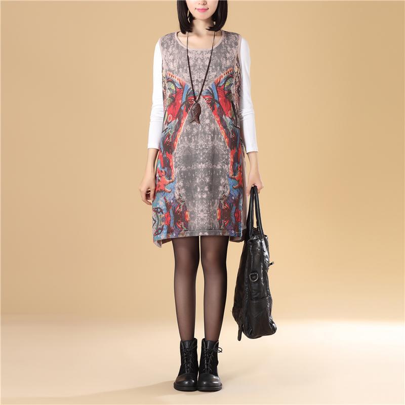 Autumn Women Round Neck Sleeveless Colorful Printing Sweater Dress
