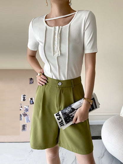 Original Stylish Solid Color Buttoned Skinny T-Shirt Top
