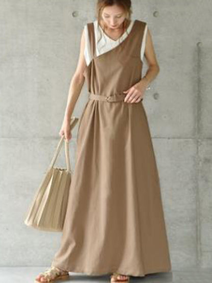 Casual Ramie Cotton Solid Color Belted V-Neck Sleeveless High-Waist One-Shoulder Strap Dress