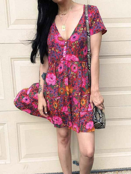 Printed V-neck Short Sleeve Mini Dress