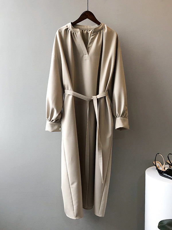 Urban Simple Solid Color Pleated Tied V-Neck Long Sleeves Midi Dress
