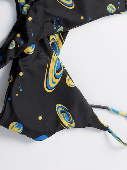 Black Printed Dull Bikinis Swimwear
