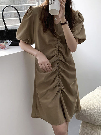 Urban Pleated Solid Color V-Neck Bishop Sleeve Mini Dress