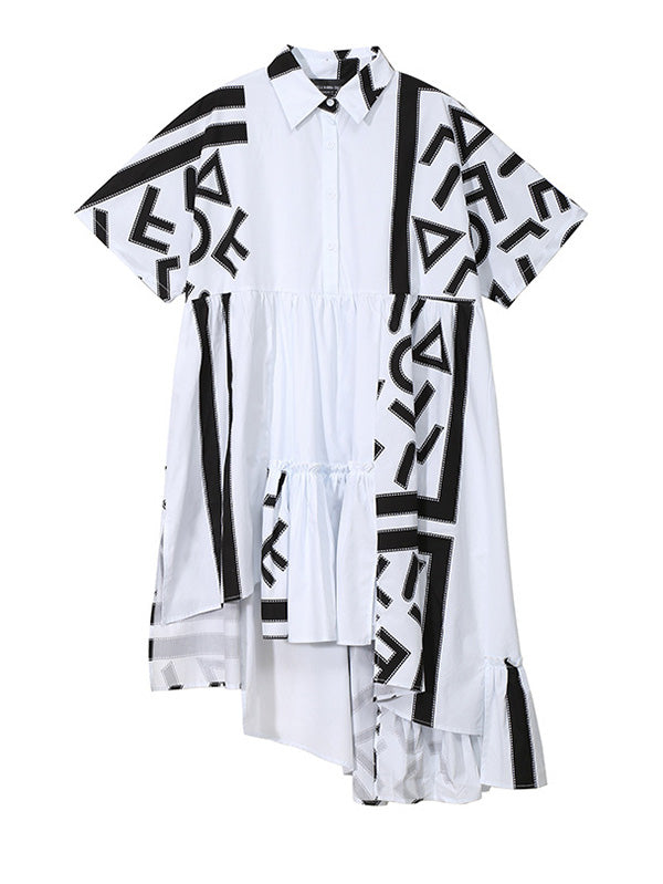 Loose Asymmetric Printed High-Low Lapel Split-Joint Midi Dress