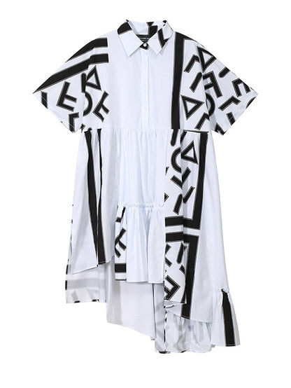 Loose Asymmetric Printed High-Low Lapel Split-Joint Midi Dress