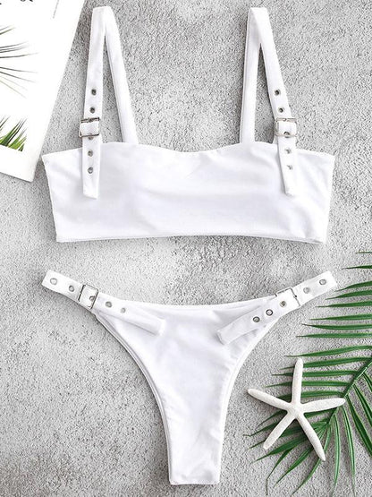 Buckle Plain Bandeau Bikini Swimsuit