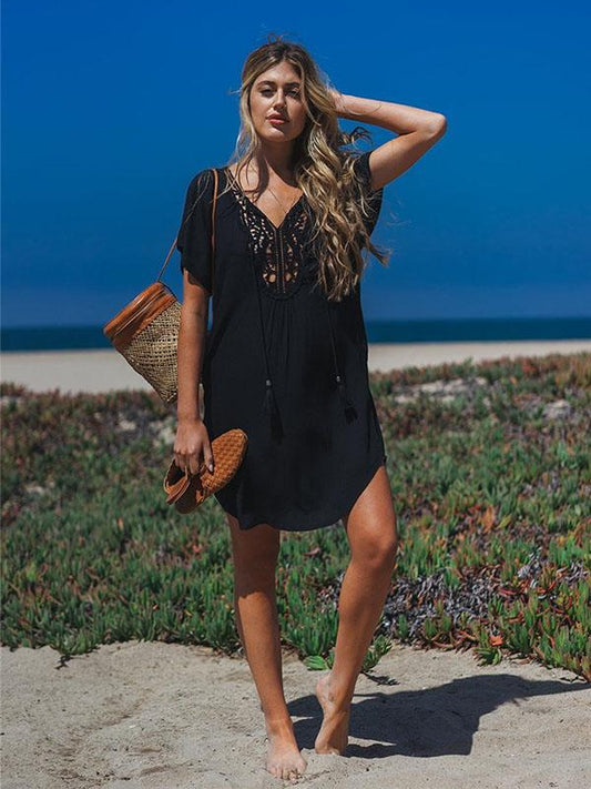 Lacy Solid Black Hollow Beach Cover-ups