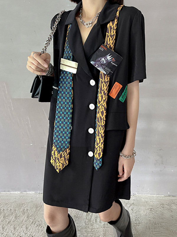 Stylish Buttoned Tie Split-Joint With Pocket Applique Notched Collar Short Sleeves Mini Shirt Dress