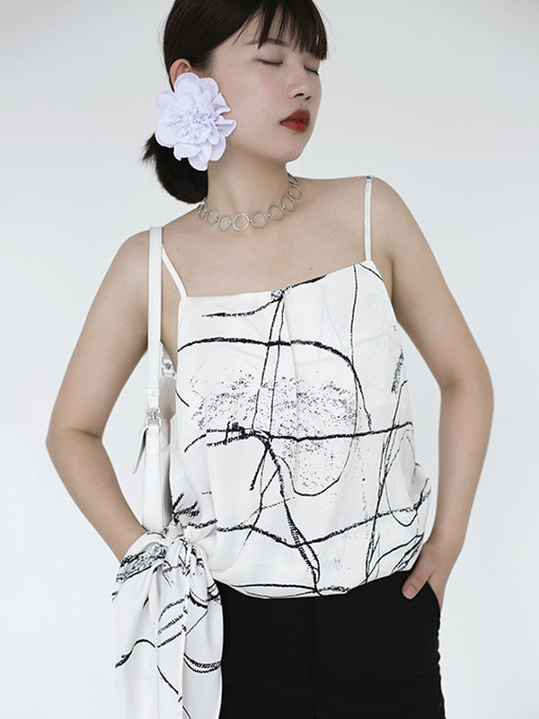 Vintage Printed Asymmetric Spaghetti-Neck Vest Top