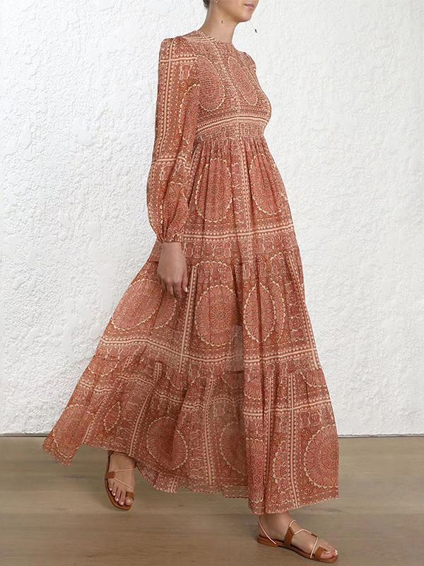 Totemic Printed Round Collar Lantern Long Sleeve Maxi Dress