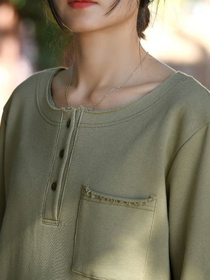 Artistic Retro Long Sleeves Loose Solid Color Round-Neck T-Shirts Tops