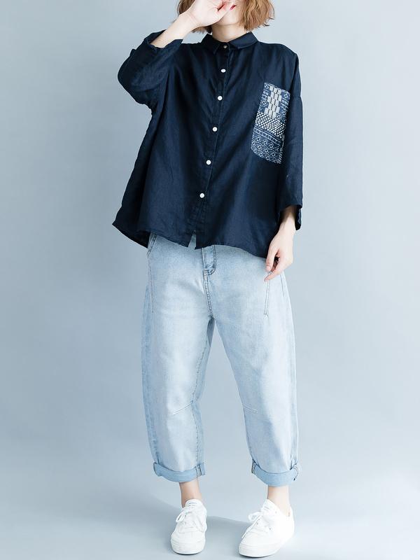 Loose Floral Printed Lapel Long Sleeves BLouses