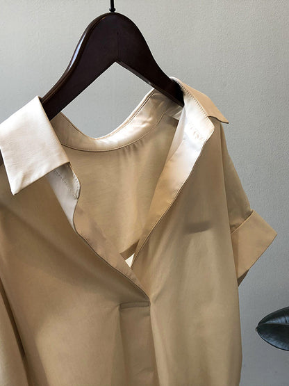 Simple Urban Solid Color Pleated Lapel Collar Short Sleeves Blouse