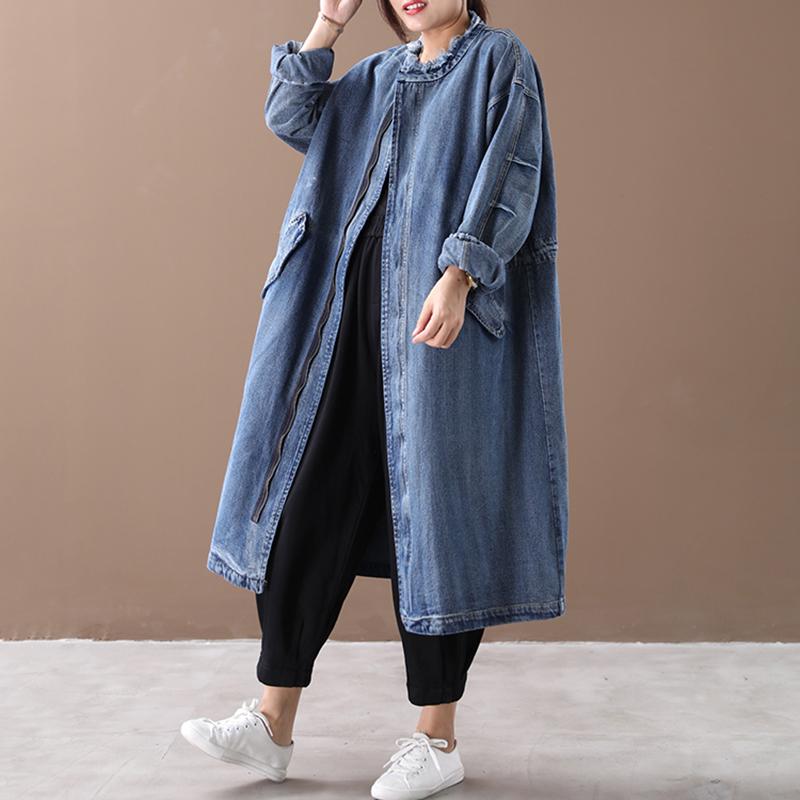 Buykud Spring Autumn Casual Solid Color Zipper Denim Coat