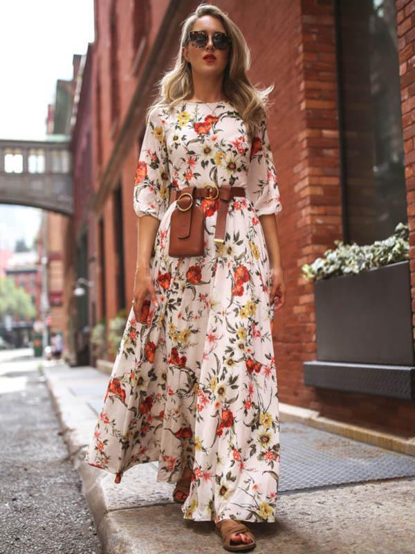 Round Neck Half Sleeves Bohemia Maxi Dress
