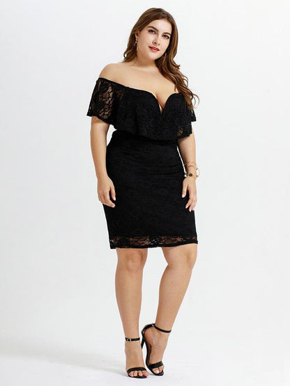 Solid Color Short Sleeve Off Shoulder Lace Mini Dress