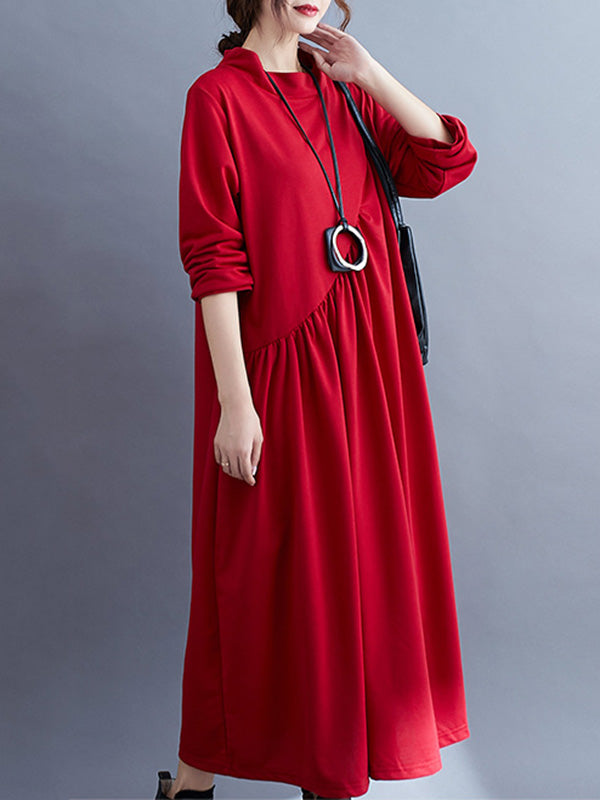 Simple Solid Color Asymmetric Split-Joint Long Sleeve Midi Dress