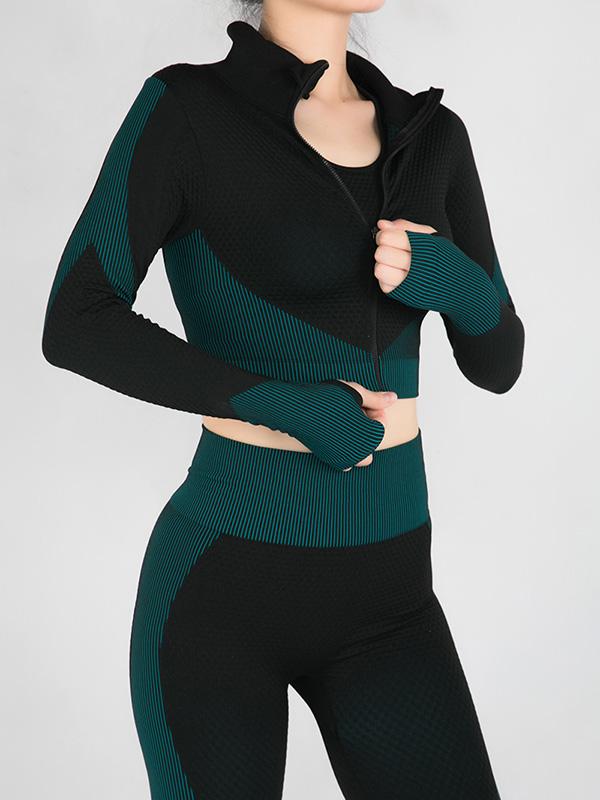 Contrast Color Zipper High-Waisted Three-Piece Sports Suits