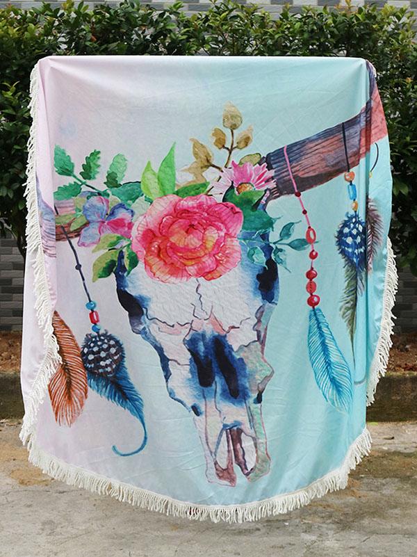 Floral Printed Tasseled Round Beach Mat