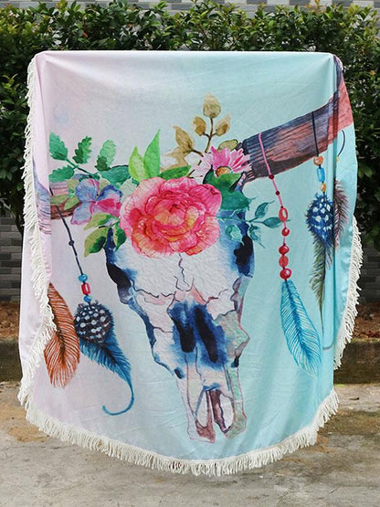 Floral Printed Tasseled Round Beach Mat