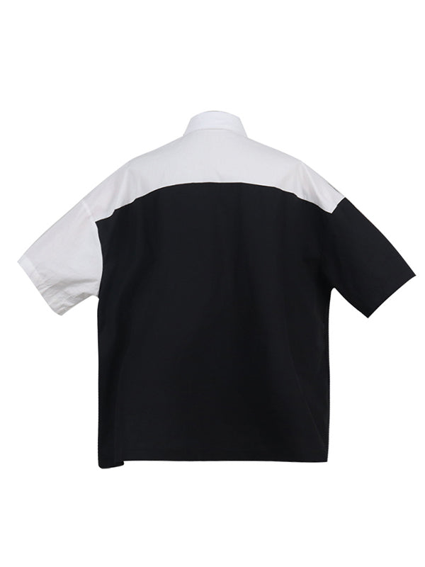 Original Contrast Color Split-Joint With Pocket Buttoned Lapel Color Long Sleeves Blouse