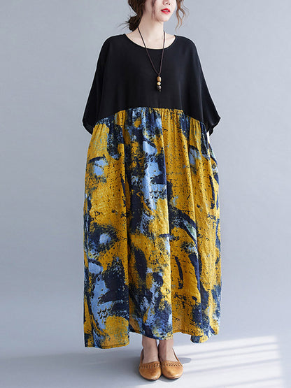 Artistic Retro Floral Printed Split-Joint Pleated Round-Neck Half Sleeves Midi Dress