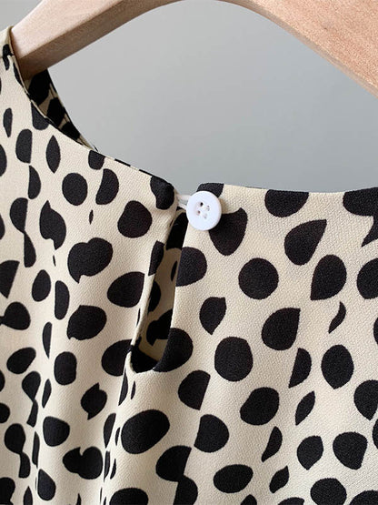 Stylish Polka-Dot Pleated Round-Neck Long Sleeves Loose Midi Dress