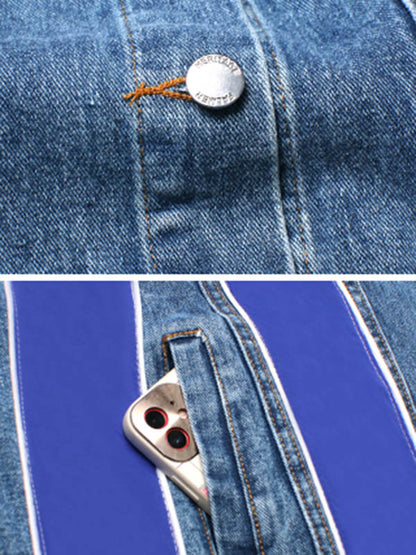 Stylish Split-Joint Striped Lapel Collar Sleeveless Denim Vest Outwear