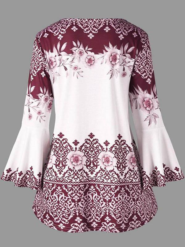 Puff Sleeves Printed A-Line  Blouses&Shirts Tops