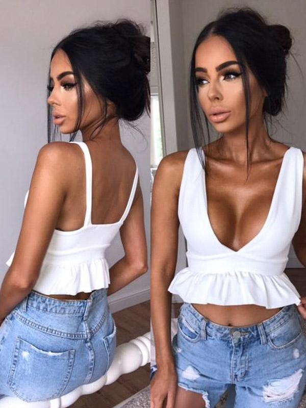 Solid V-neck Sleeveless Falbala Tank