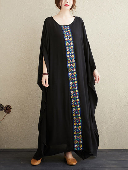National Loose Embroidered Round-Neck Batwing Sleeves Midi Dress