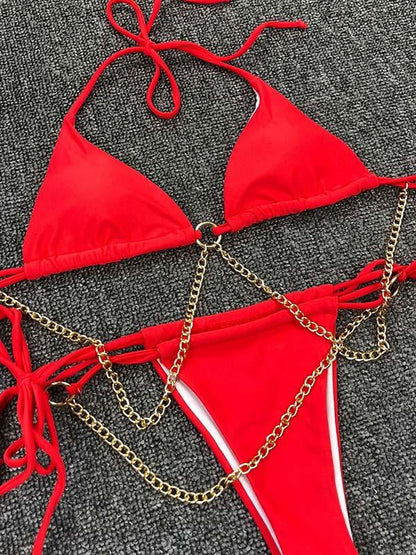Solid Color Chain Bandage Split Bikini Swimsuit