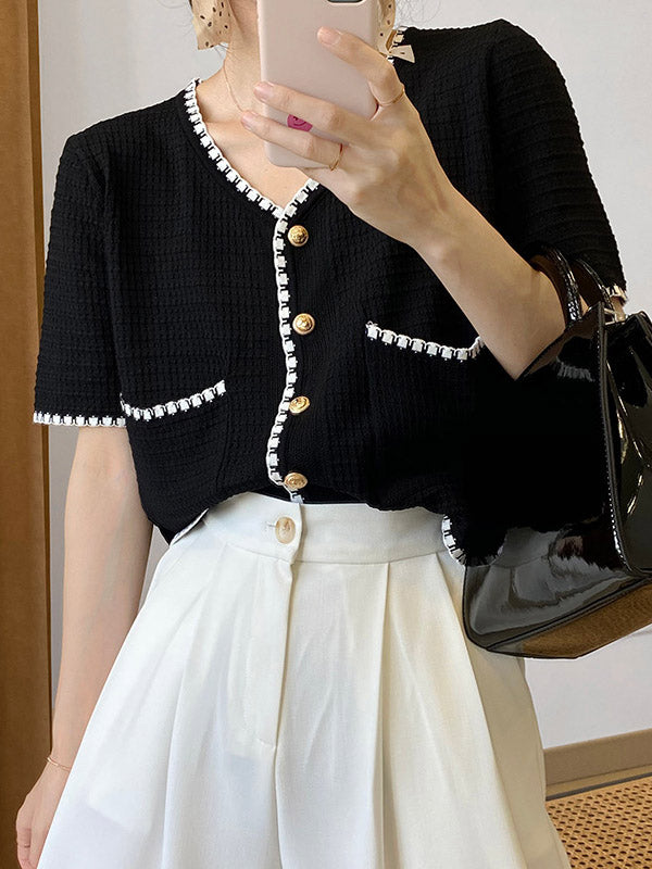 Casual Black&White V-Neck Short Sleeves Knitwear Cardigan