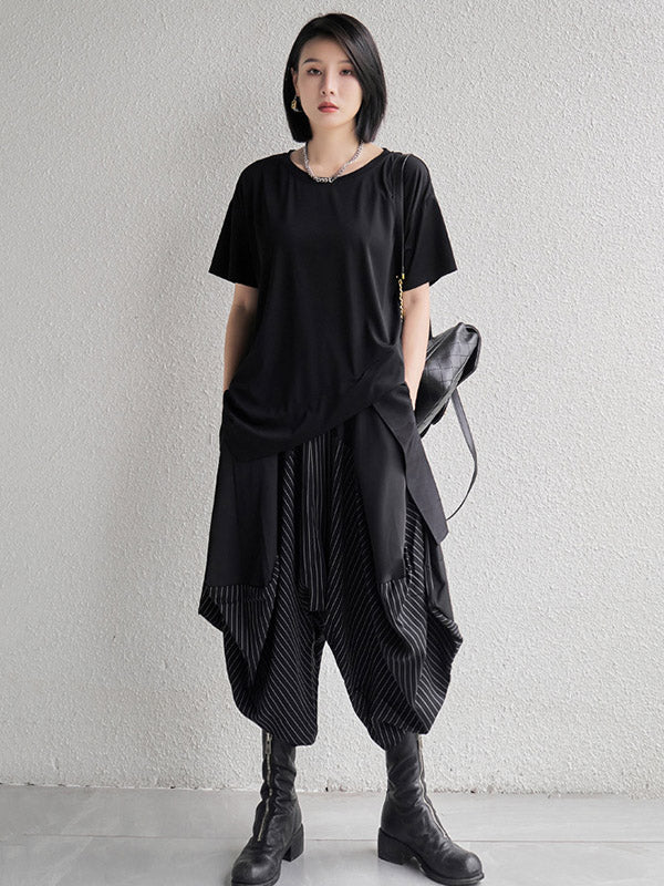 Original Black&White Asymmetric Round-Neck Short Sleeves T-Shirts