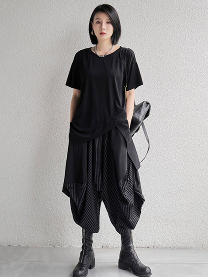 Original Black&White Asymmetric Round-Neck Short Sleeves T-Shirts