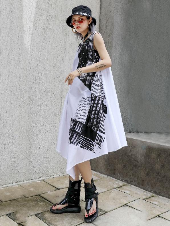 Asymmetric Printed Ruffled Sleeveless Dress