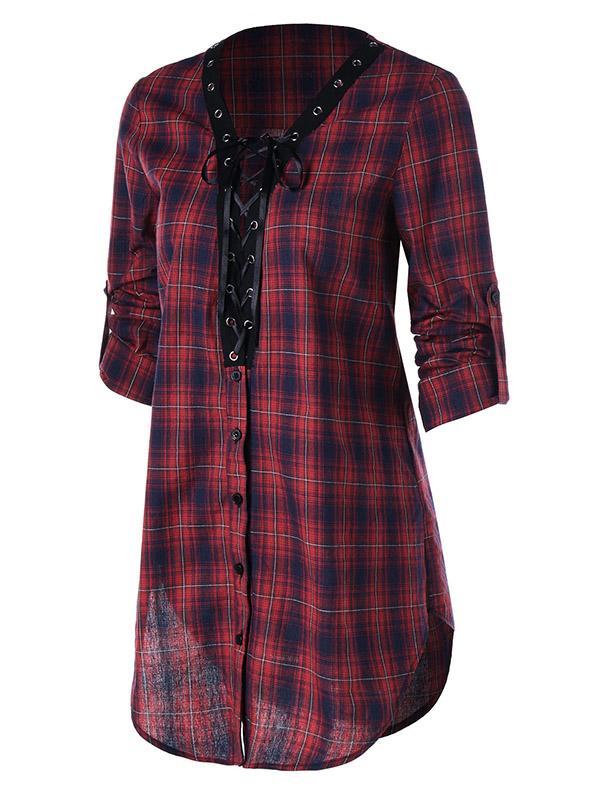 Vintage Bandage Plaid Blouses&Shirts Tops