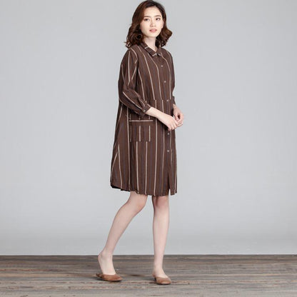 Cotton Women Splicing Casual Linen Loose Stripe Pocket Dress