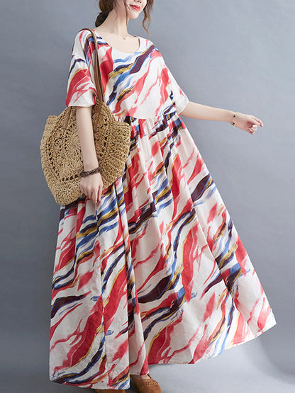 Vintage Loose Printed Split-Joint Pleated Half Sleeves Maxi Dress