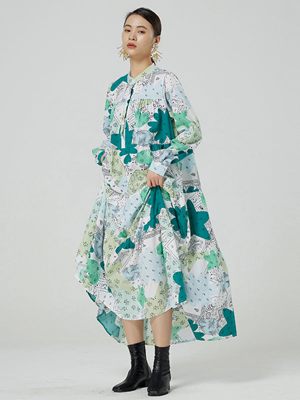 Original Buttoned Printed Stand Collar Long Sleeves Loose Midi Dress