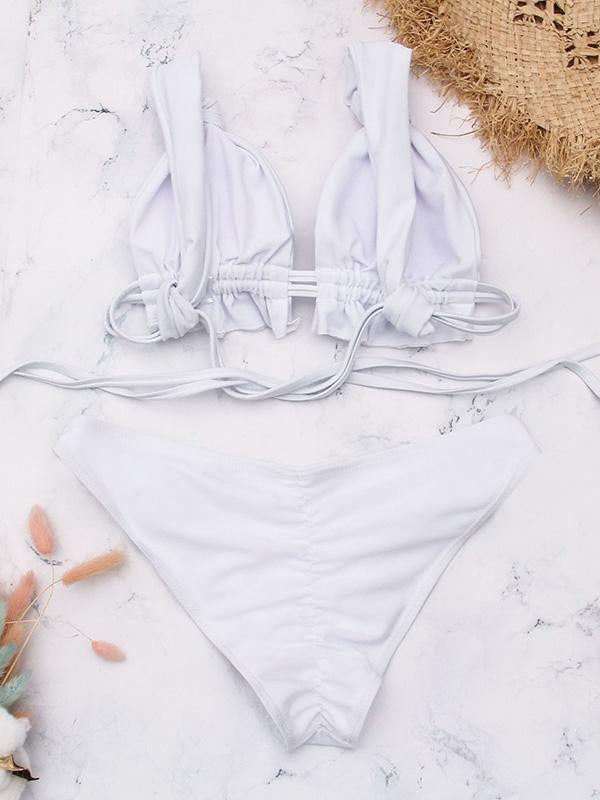 Solid Color Knotted Split Bikini Swimsuit